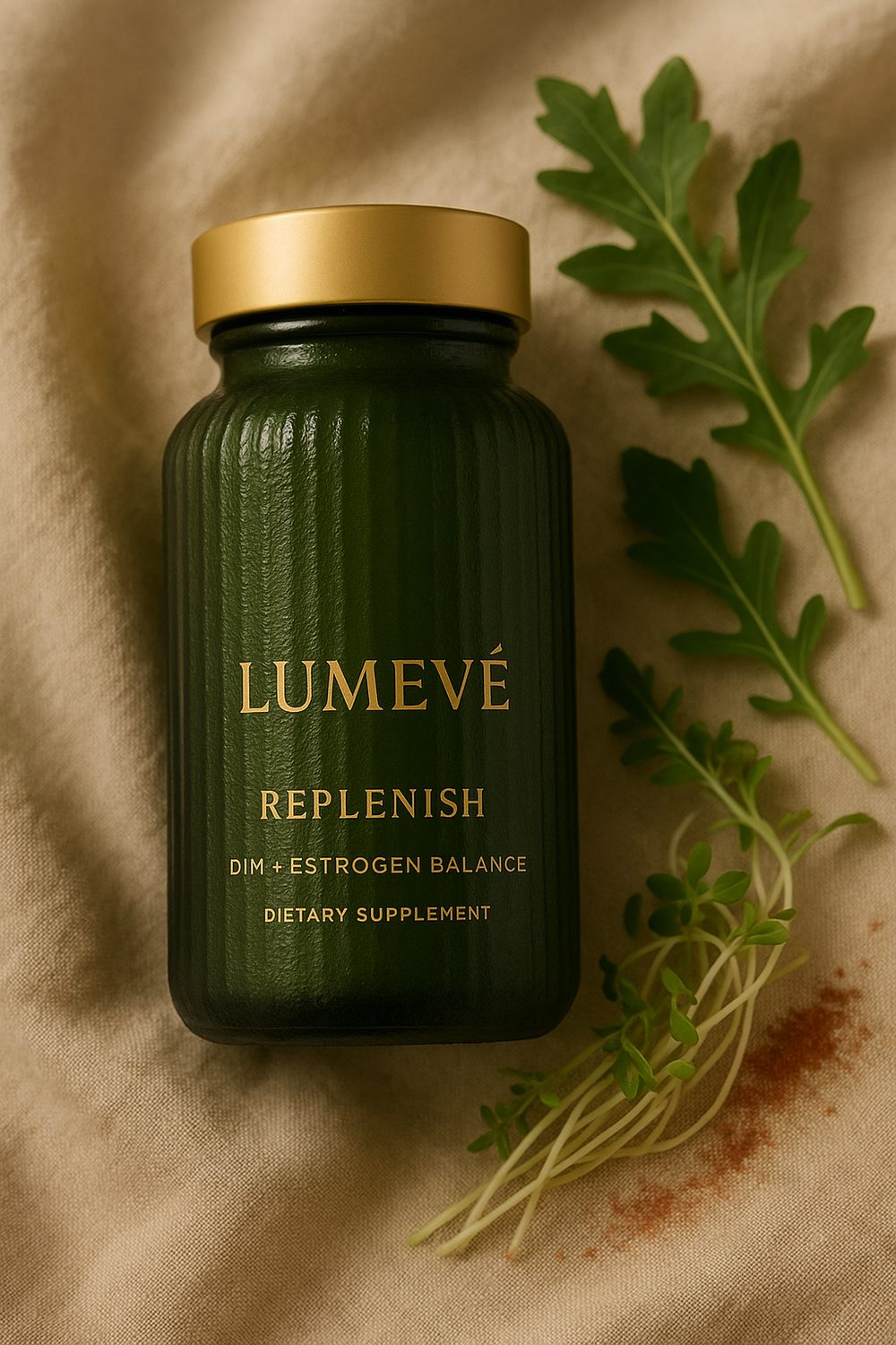 Lumevé Replenish DIM and estrogen balance jar with arugula and microgreens